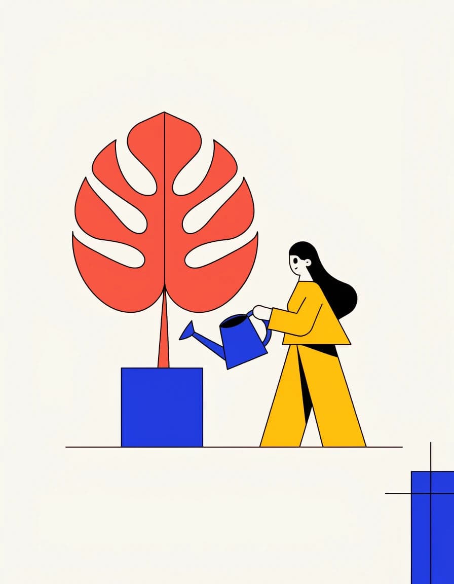 Flat vector illustration of a woman watering a large monstera in solid fills, generated with Recraft
