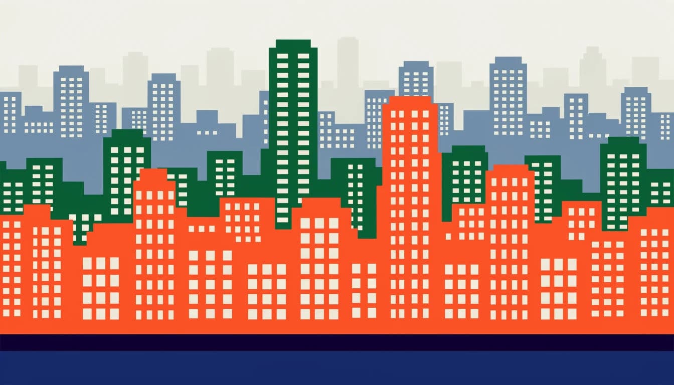 Wide flat illustration of a city skyline built from overlapping colour blocks, generated with Recraft