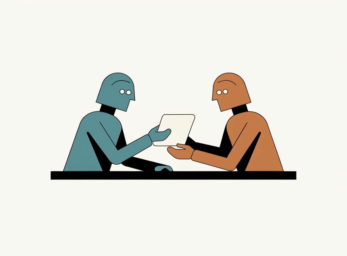 Flat editorial illustration of two figures at a desk with a strong conceptual idea, generated with Recraft