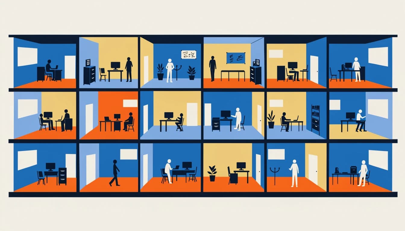 Flat illustration of an office scene shown as a cutaway with several rooms, generated with Recraft