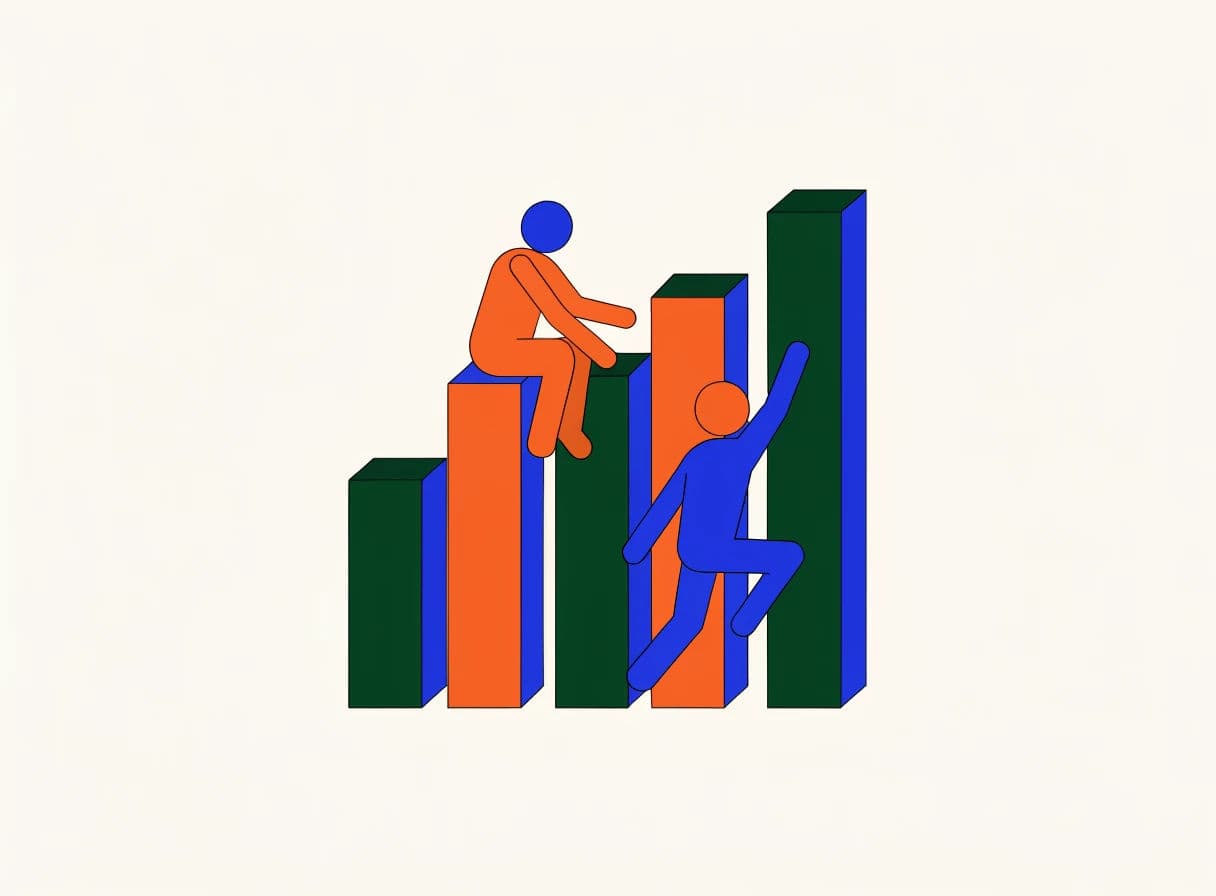 Flat illustration of a bar chart integrated into a small scene, generated with Recraft