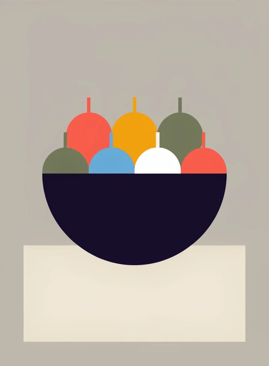Flat illustration of a still life of fruit built from simple geometric shapes, generated with Recraft
