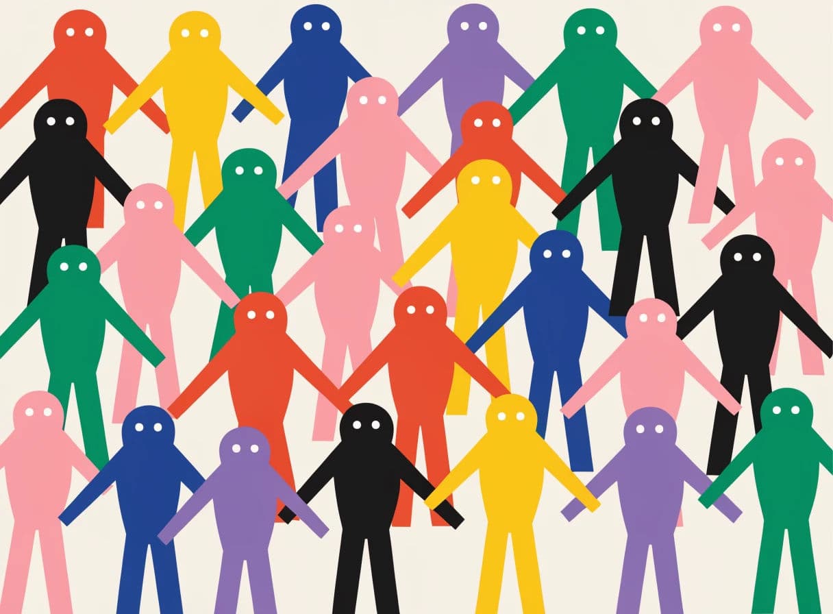 Flat illustration of a crowd of many small simplified figures in different colours, generated with Recraft