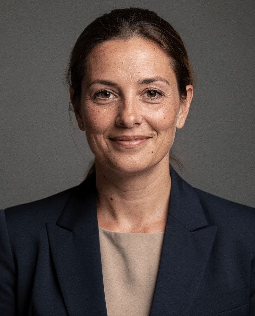 Corporate headshot of a woman against a mid-grey backdrop with soft even light, generated with Flux 2 Pro