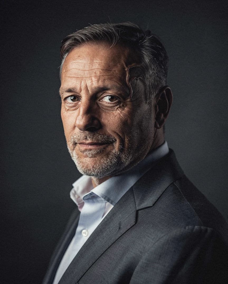 Executive headshot lit with dramatic short lighting against a dark background, generated with Flux 2 Pro