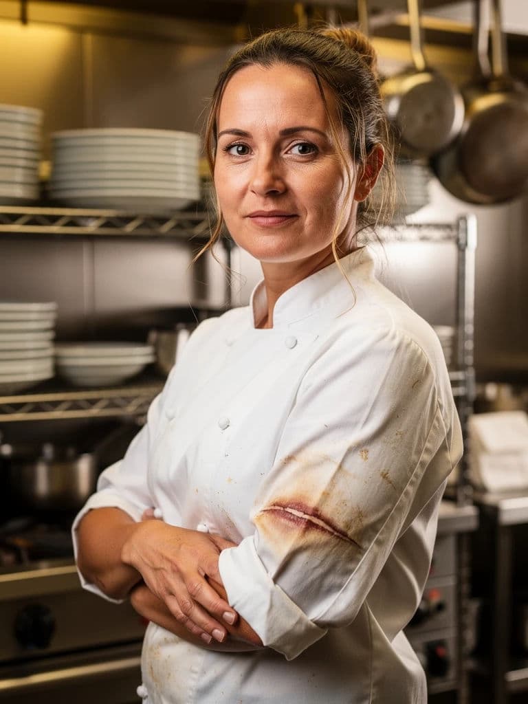 Environmental headshot of a chef photographed in a working kitchen, generated with Flux 2 Pro