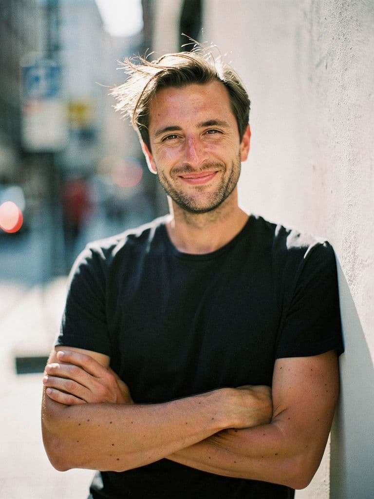 Outdoor headshot in open shade with soft even natural light, generated with Flux 2 Pro