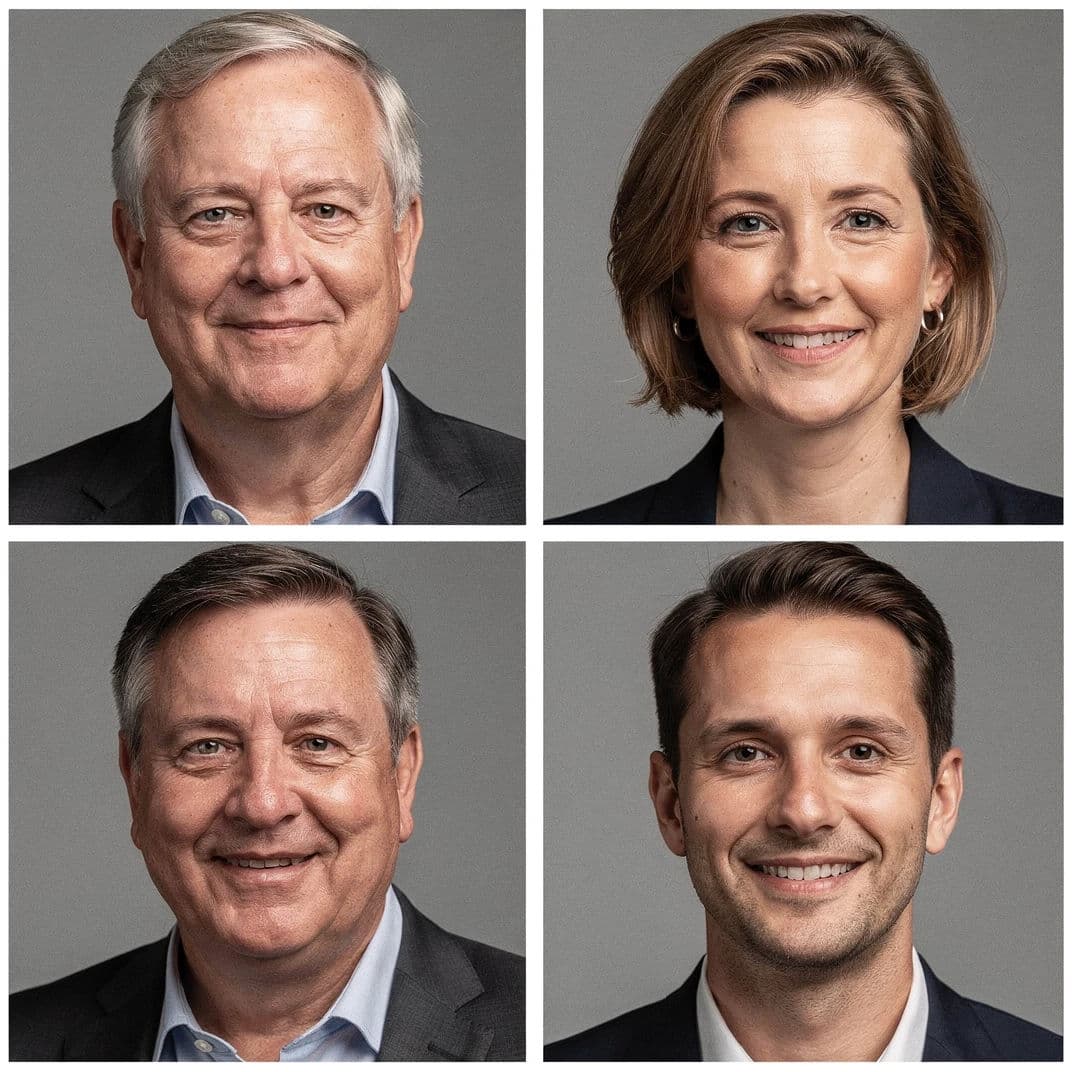 Grid of four team headshots all shot with identical light and background, generated with Flux 2 Pro