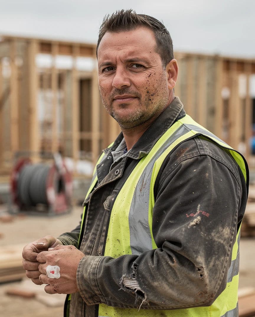 Headshot of a tradesperson photographed on site in workwear, generated with Flux 2 Pro