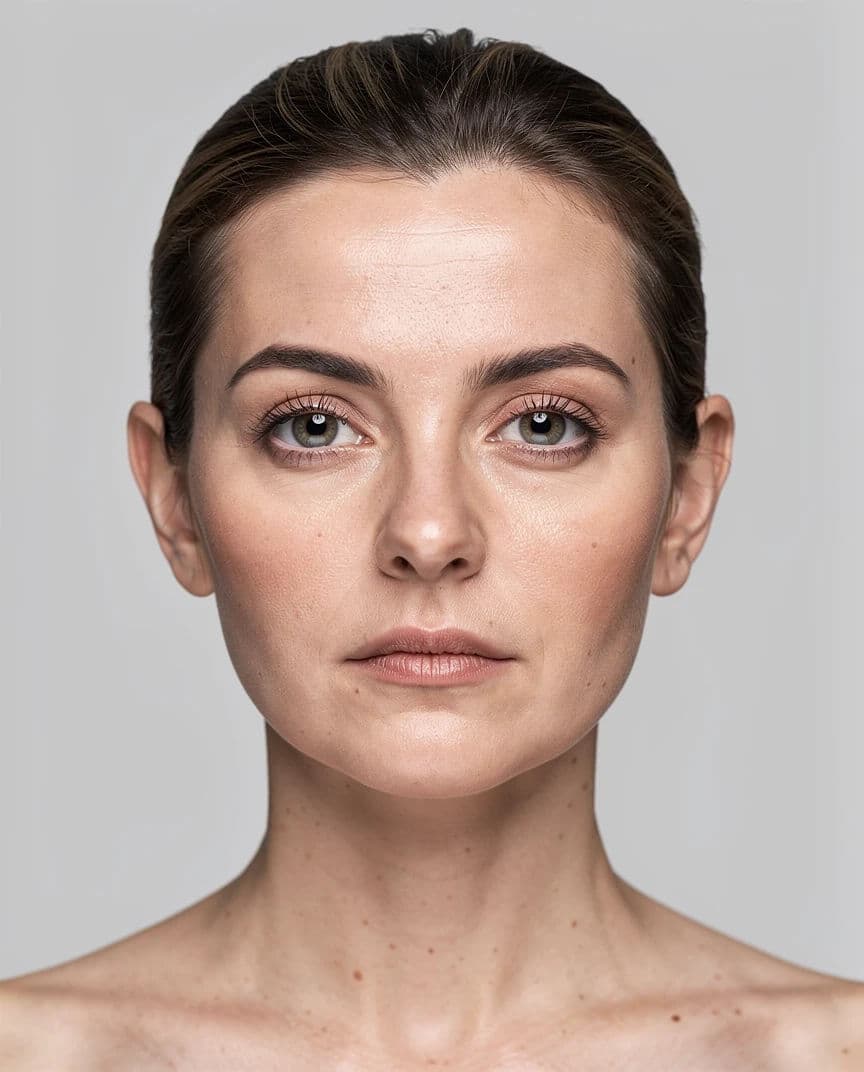 Passport-style identification photograph with flat frontal light and a neutral expression, generated with Flux 2 Pro