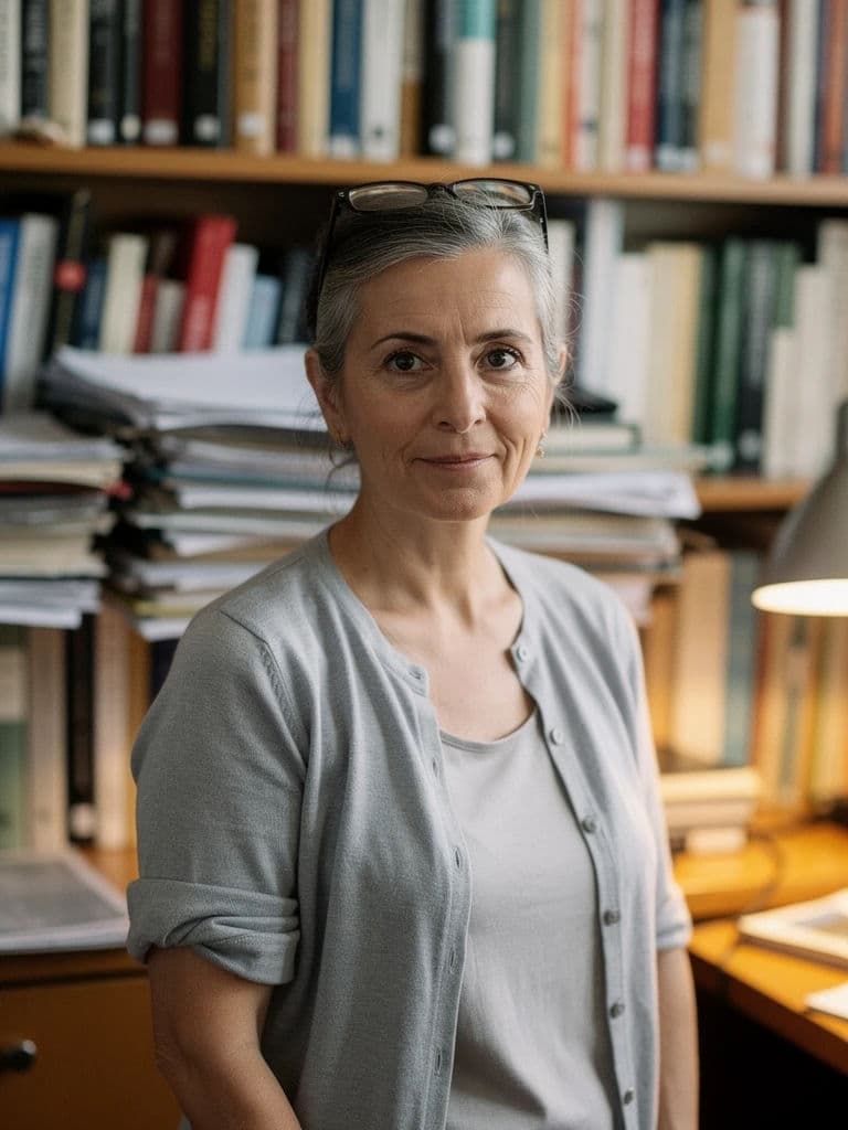 Headshot of an academic photographed among bookshelves in warm light, generated with Flux 2 Pro