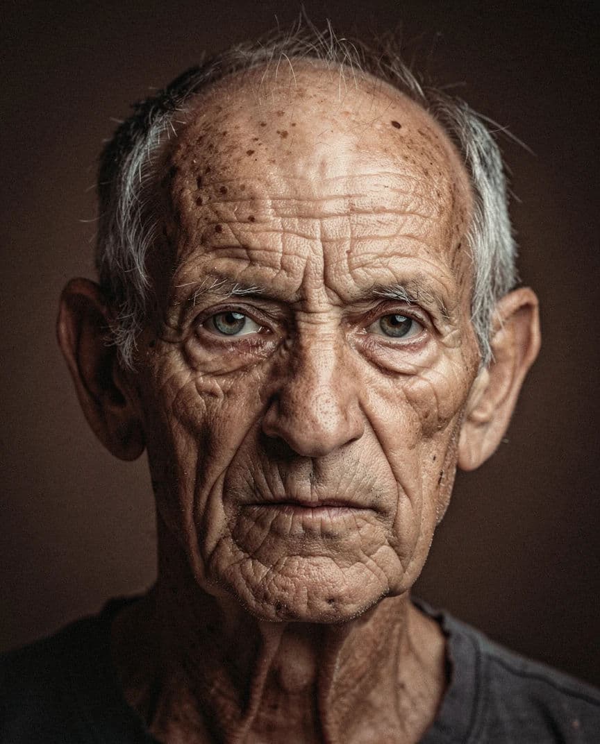 Headshot of an older man with unretouched skin and strong character lighting, generated with Flux 2 Pro