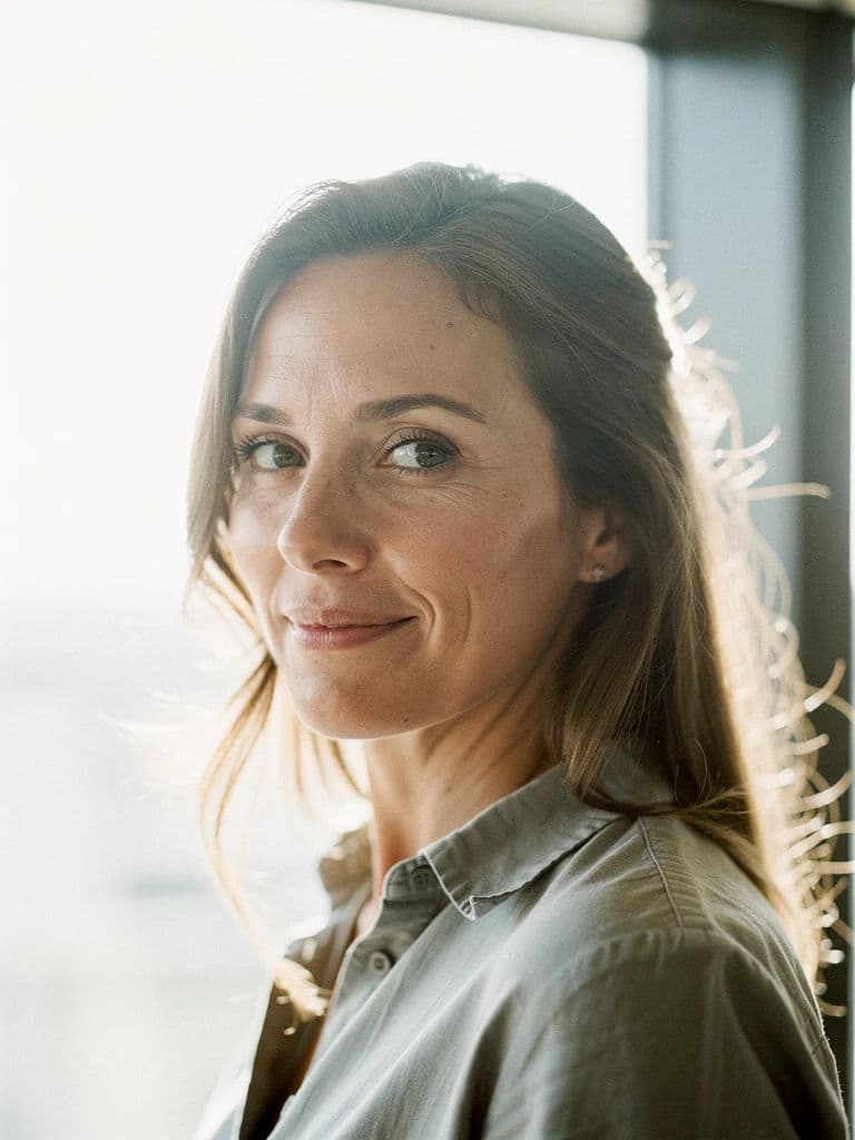 Headshot taken against a window with the subject correctly exposed and the view blown out, generated with Flux 2 Pro