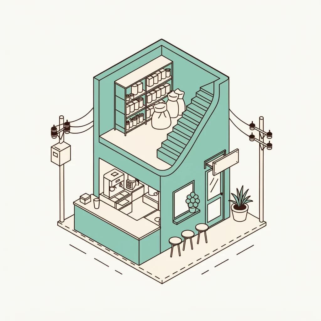 Isometric cutaway of a two-storey corner coffee shop in flat vector colour, generated with Recraft