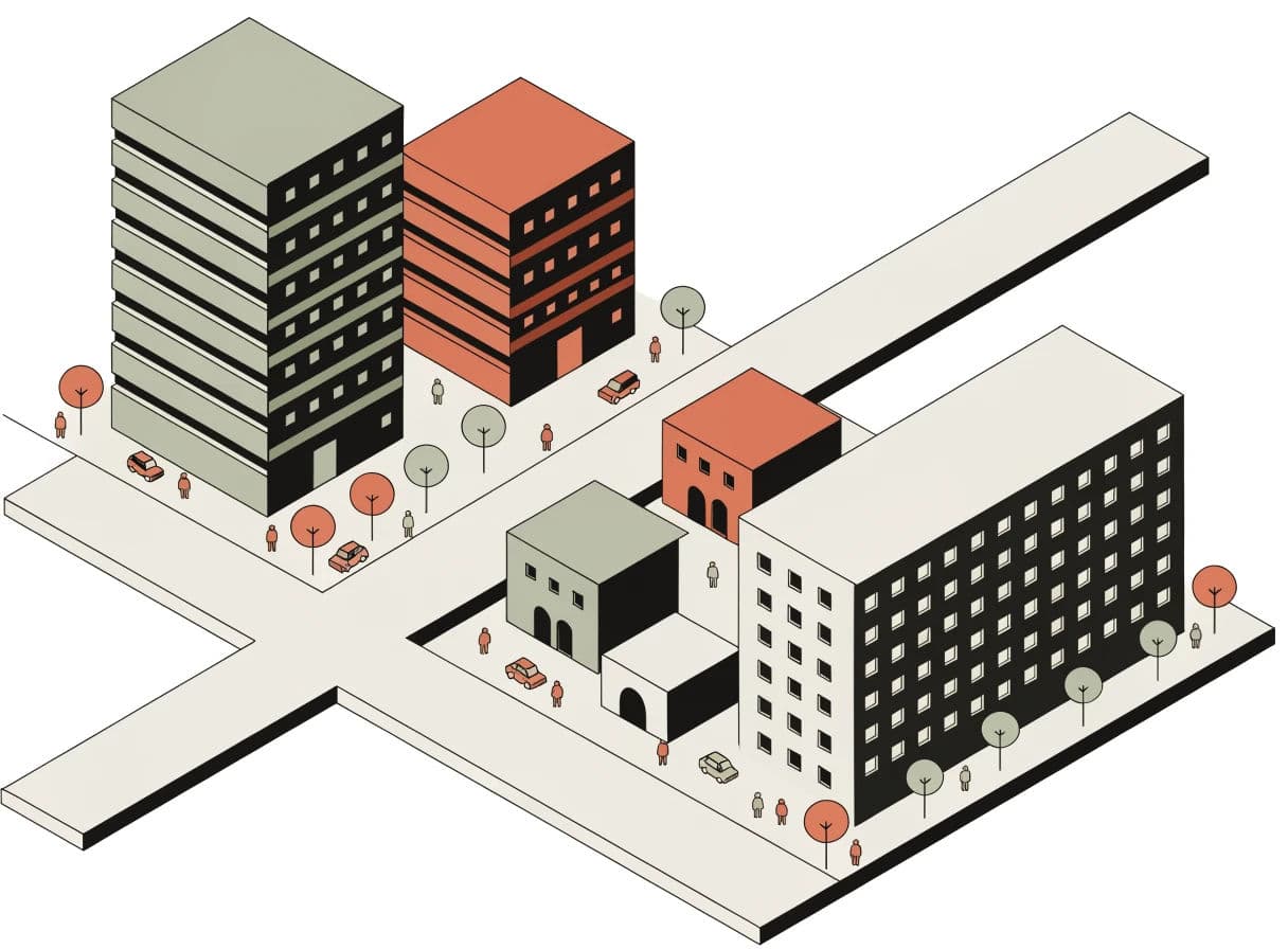 Isometric city block with several buildings, streets and small vehicles, generated with Recraft