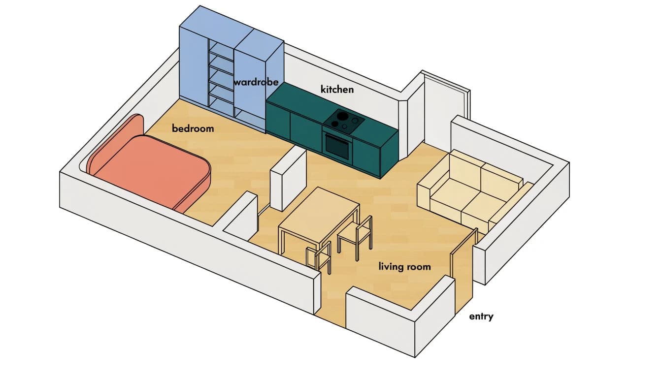 Isometric floor plan of a flat with walls extruded to low height, generated with Recraft