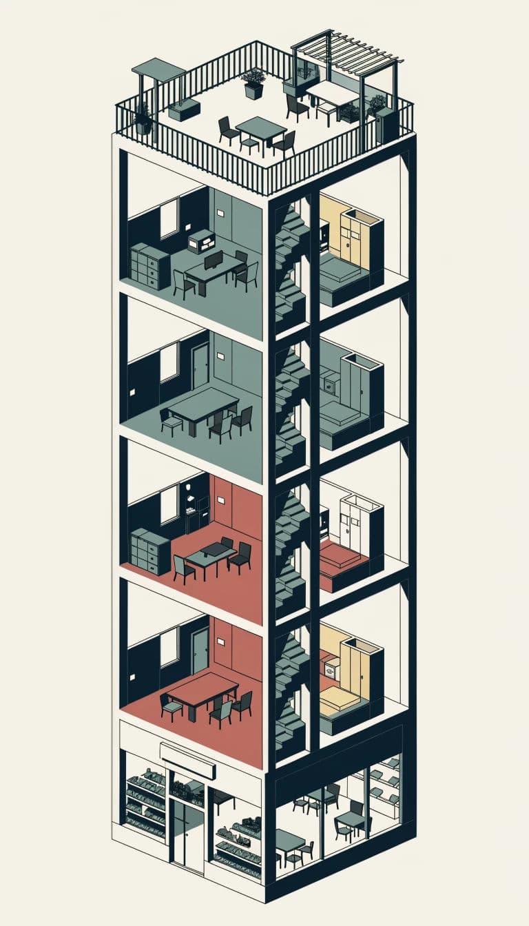 Tall isometric illustration of a multi-storey building cut open to show every floor, generated with Recraft