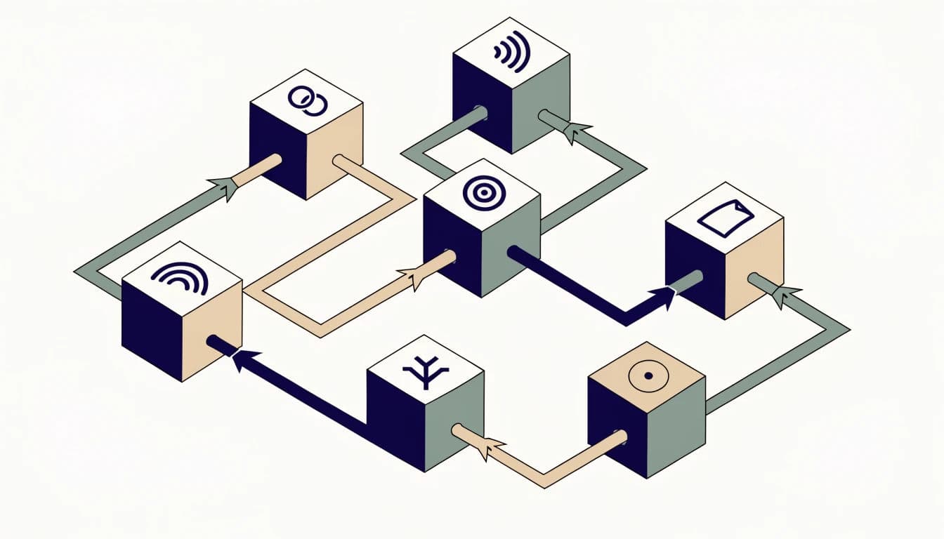 Isometric infographic showing a network of connected nodes and flows, generated with Recraft