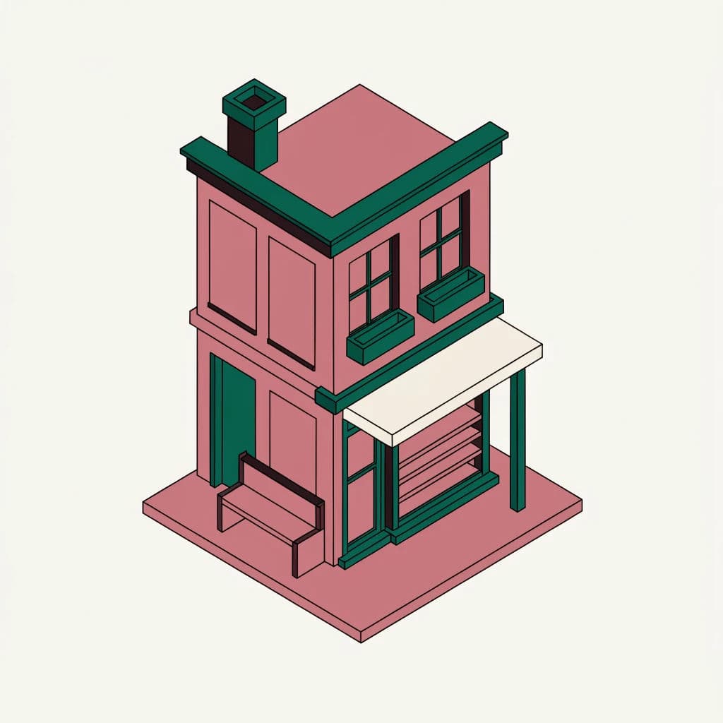 Isometric illustration of a single small building drawn as a detailed miniature, generated with Recraft