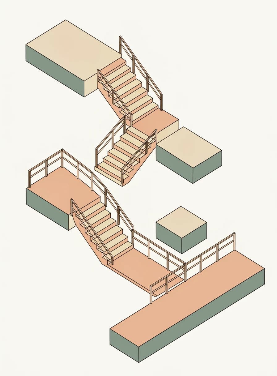 Isometric illustration of a stack of platforms connected by stairs and ramps, generated with Recraft