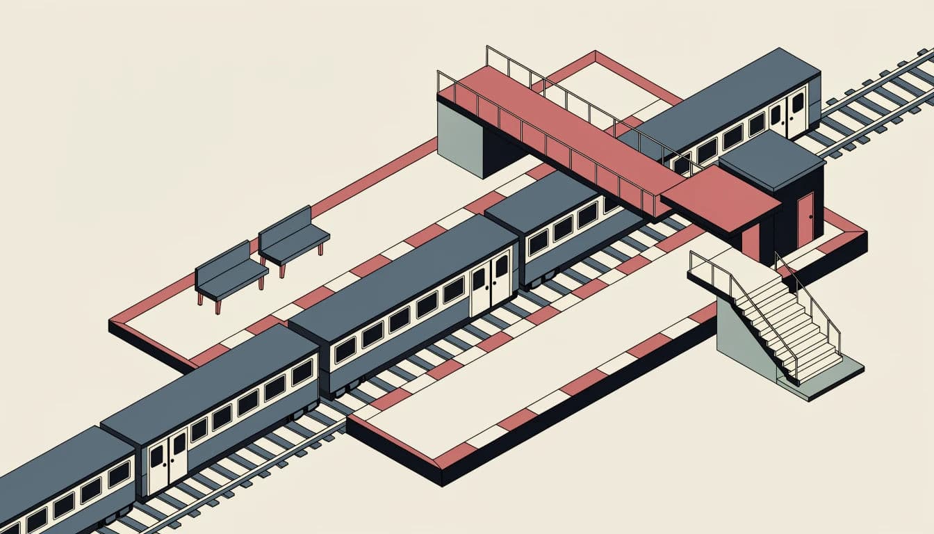 Isometric illustration of a railway station with platforms, track and a train, generated with Recraft
