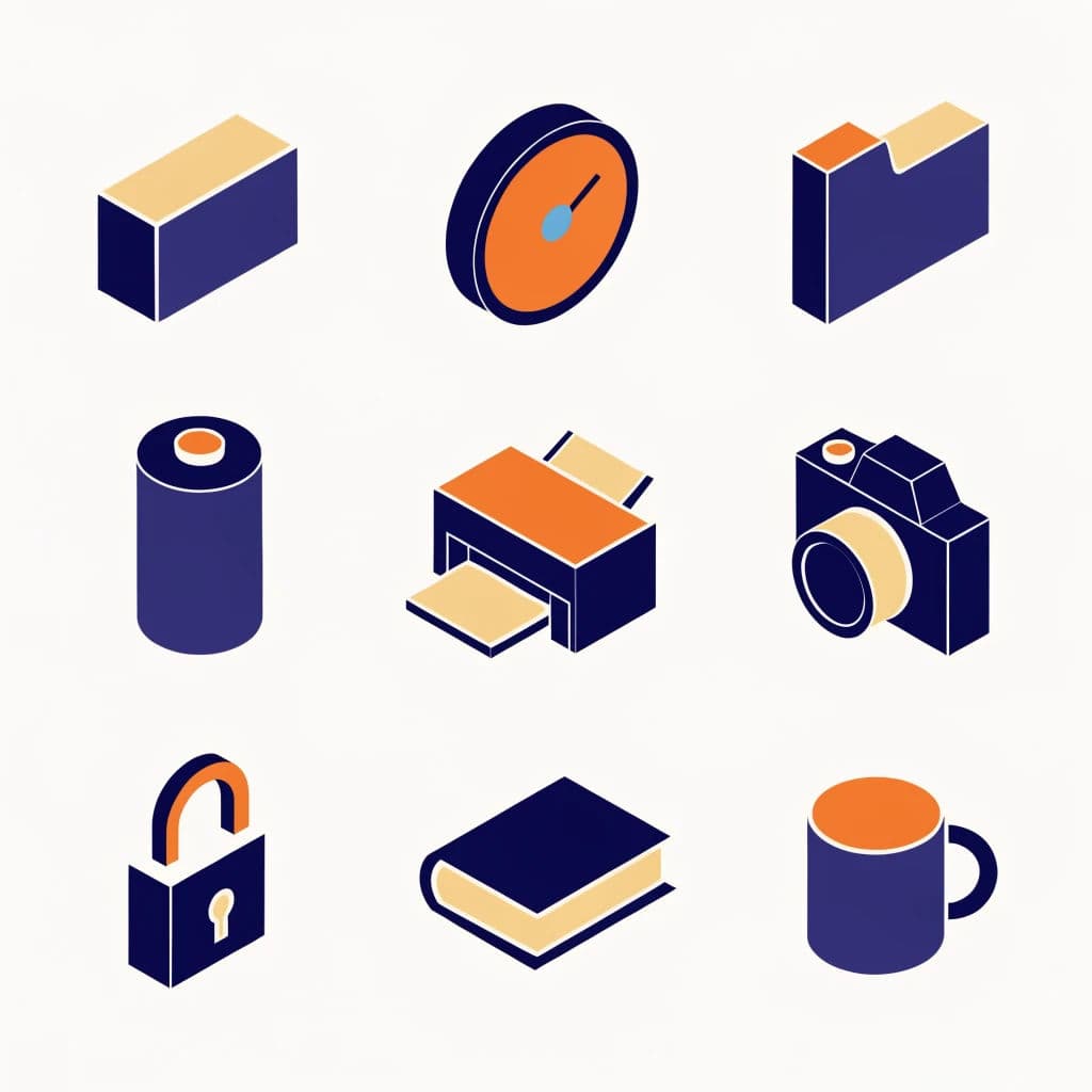 Isometric icon set of nine small objects sharing one projection angle, generated with Recraft