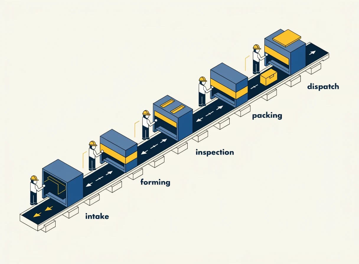 Isometric illustration of a factory production line running across the frame, generated with Recraft