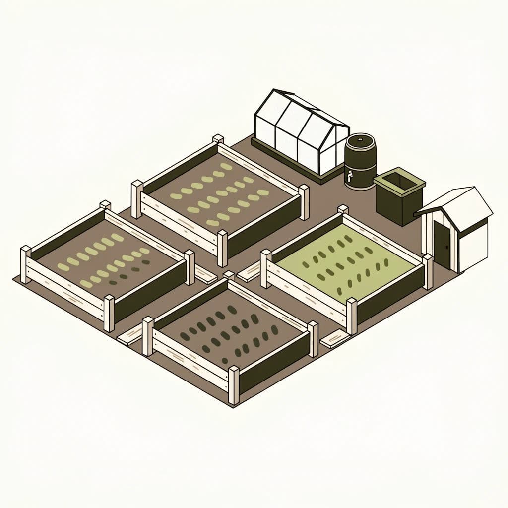 Isometric illustration of a garden plot with beds, paths and a greenhouse, generated with Recraft