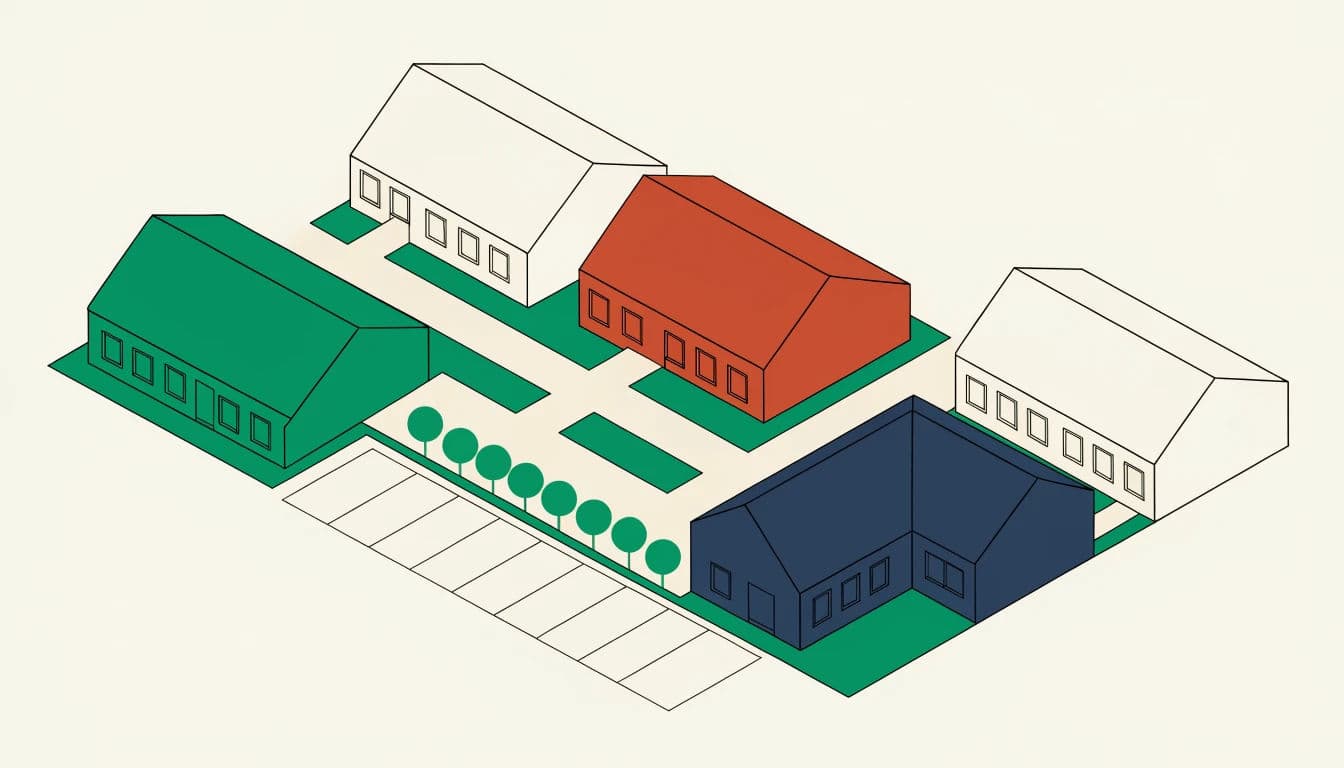 Isometric illustration of a campus site plan with several buildings and paths, generated with Recraft
