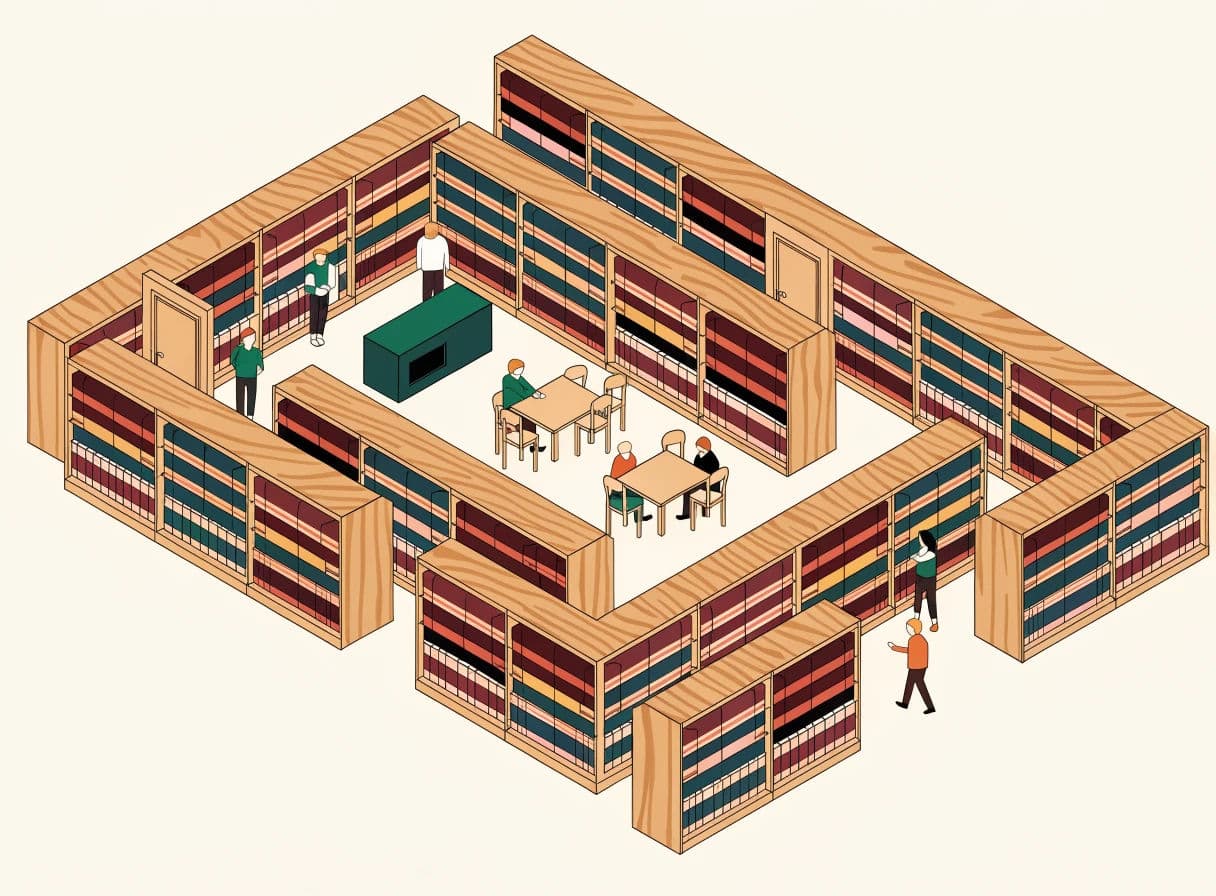 Isometric illustration of a library interior with shelving and reading tables, generated with Recraft