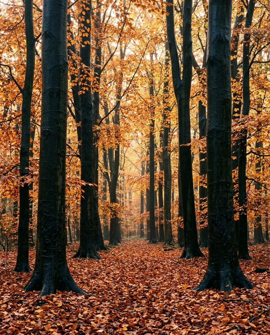 Landscape photograph inside an autumn beech wood with backlit copper leaves against dark wet trunks, generated with Nano Banana 2