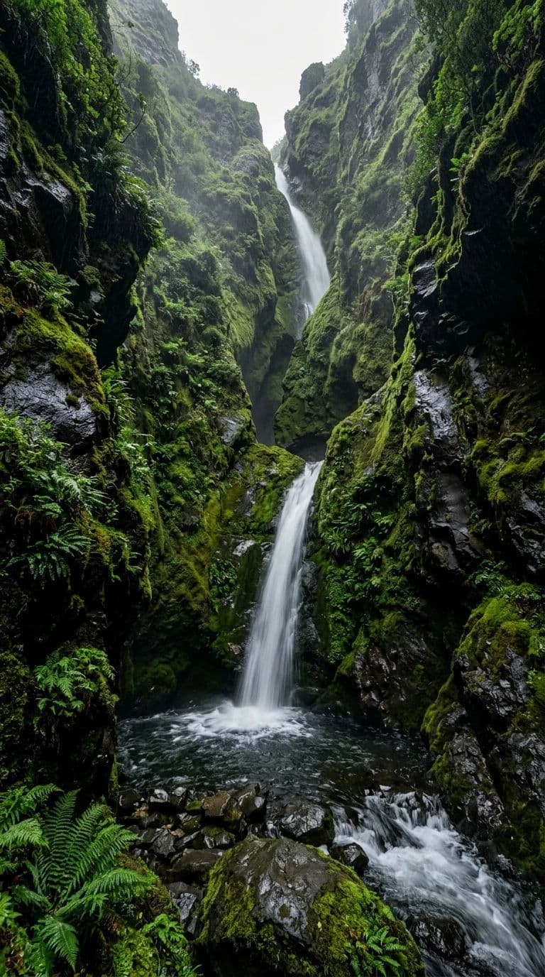 Vertical landscape photograph of a narrow waterfall falling through a moss-lined gorge in flat overcast light, generated with Nano Banana 2