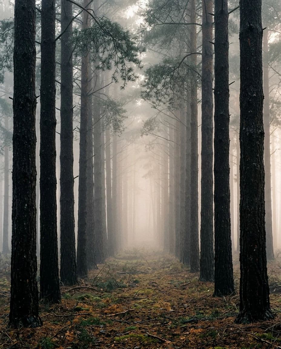 Landscape photograph of mist separating rows of pine trunks into distinct receding planes, generated with Nano Banana 2