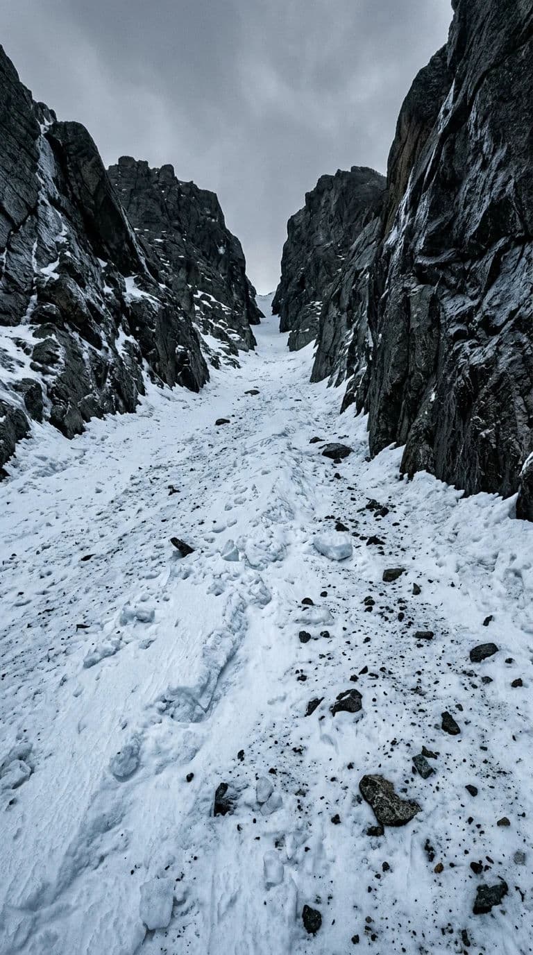 Vertical mountain photograph of a narrow snow gully running between dark rock walls in flat light, generated with Nano Banana 2
