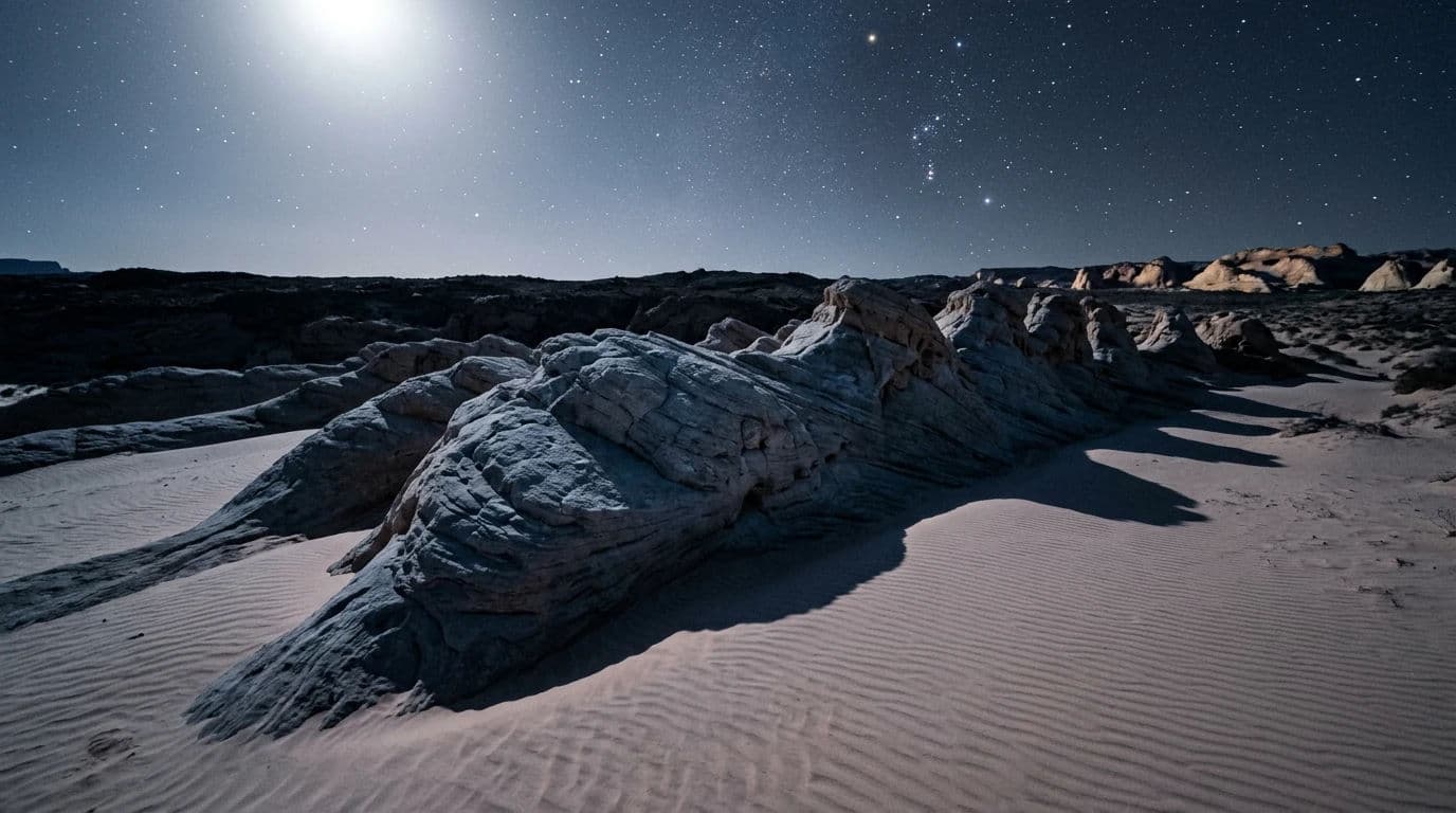 Night desert photograph of sandstone fins lit by full moonlight with hard shadows and visible stars, generated with Nano Banana 2