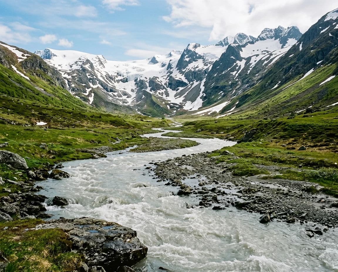 Landscape photograph of a meltwater river curving from foreground to distant snowfields as a leading line, generated with Nano Banana 2