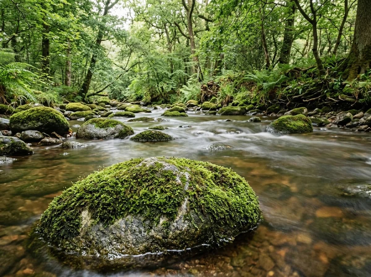 Forest photograph of a shallow stream running over moss-covered stones with front to back sharpness, generated with Nano Banana 2