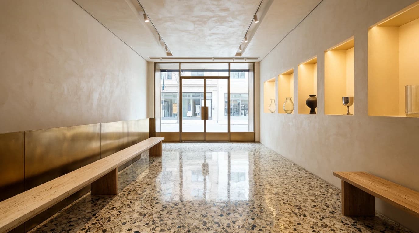 Wide interior photograph of an empty boutique at first light with lit display niches, generated with Krea 2 Large