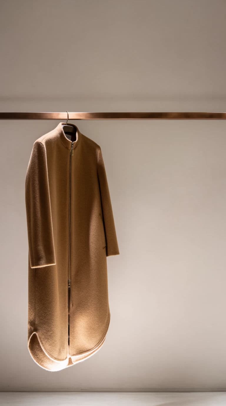 Vertical photograph of one cashmere coat hanging alone on a long bronze rail, generated with Krea 2 Large