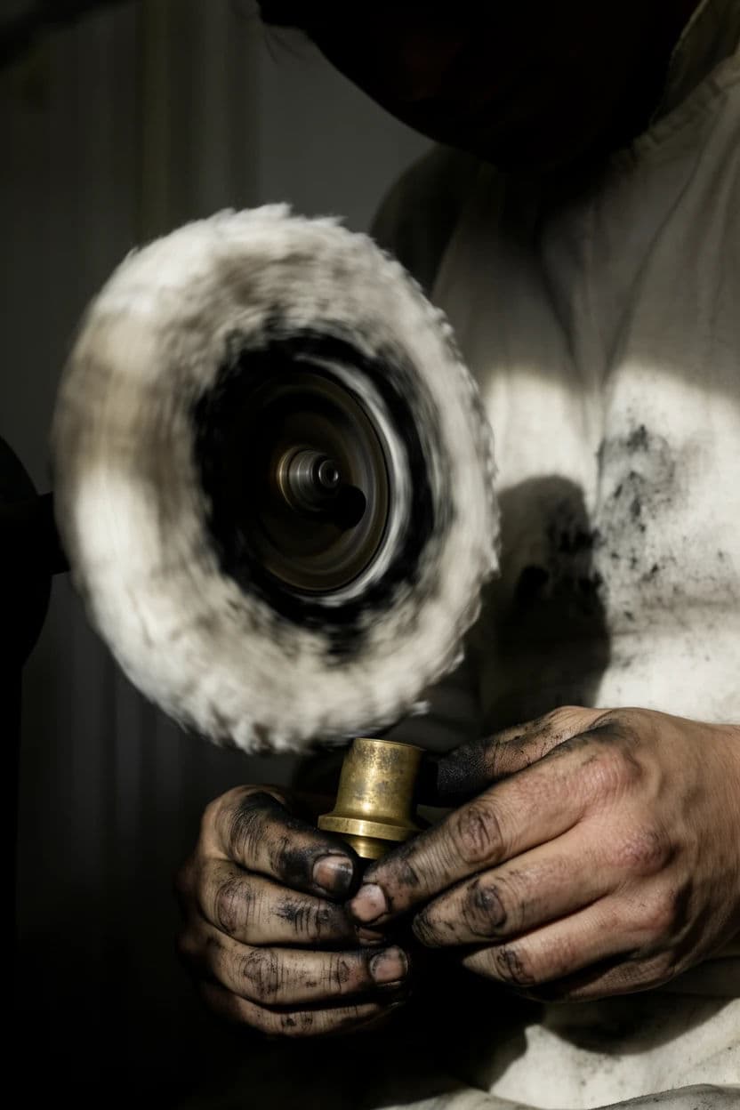 Vertical photograph of a polisher holding a metal component against a spinning buffing wheel, generated with Krea 2 Large