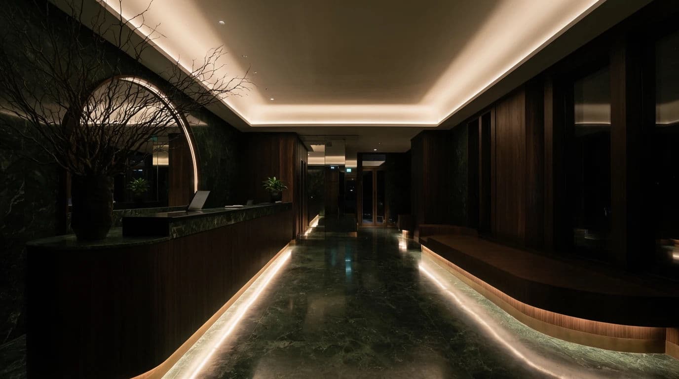Wide photograph of a hotel lobby empty in the small hours with only concealed lighting on, generated with Krea 2 Large