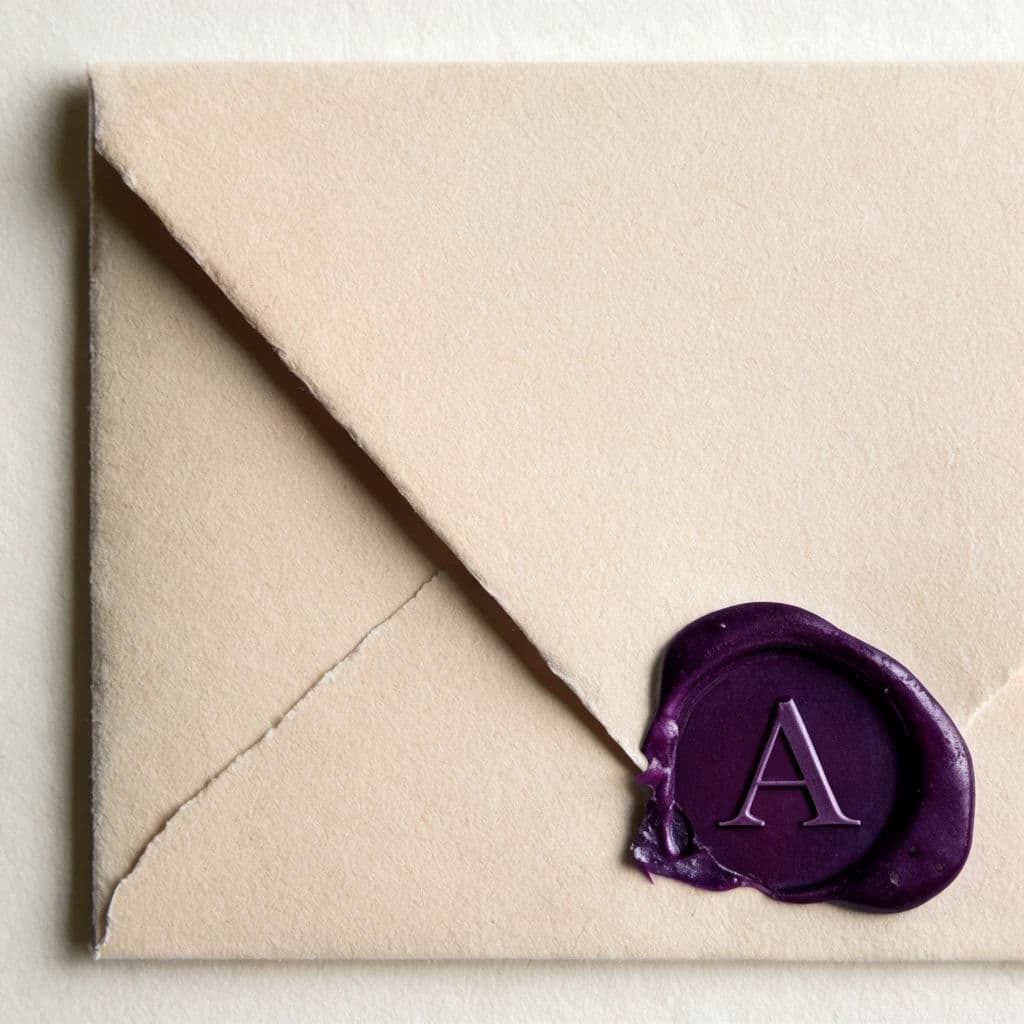 Square photograph of a dark wax seal pressed onto a folded card with a monogram impression, generated with Krea 2 Large