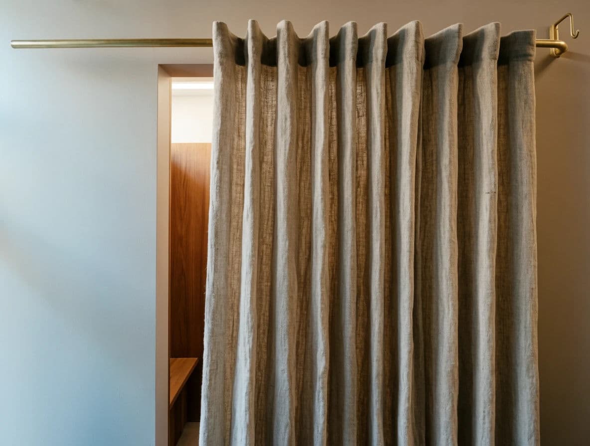Photograph of a heavy linen fitting room curtain half drawn across a lit alcove, generated with Krea 2 Large