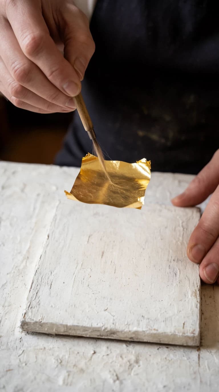 Vertical photograph of a gilder lifting a leaf of gold on a squirrel hair tip, generated with Krea 2 Large