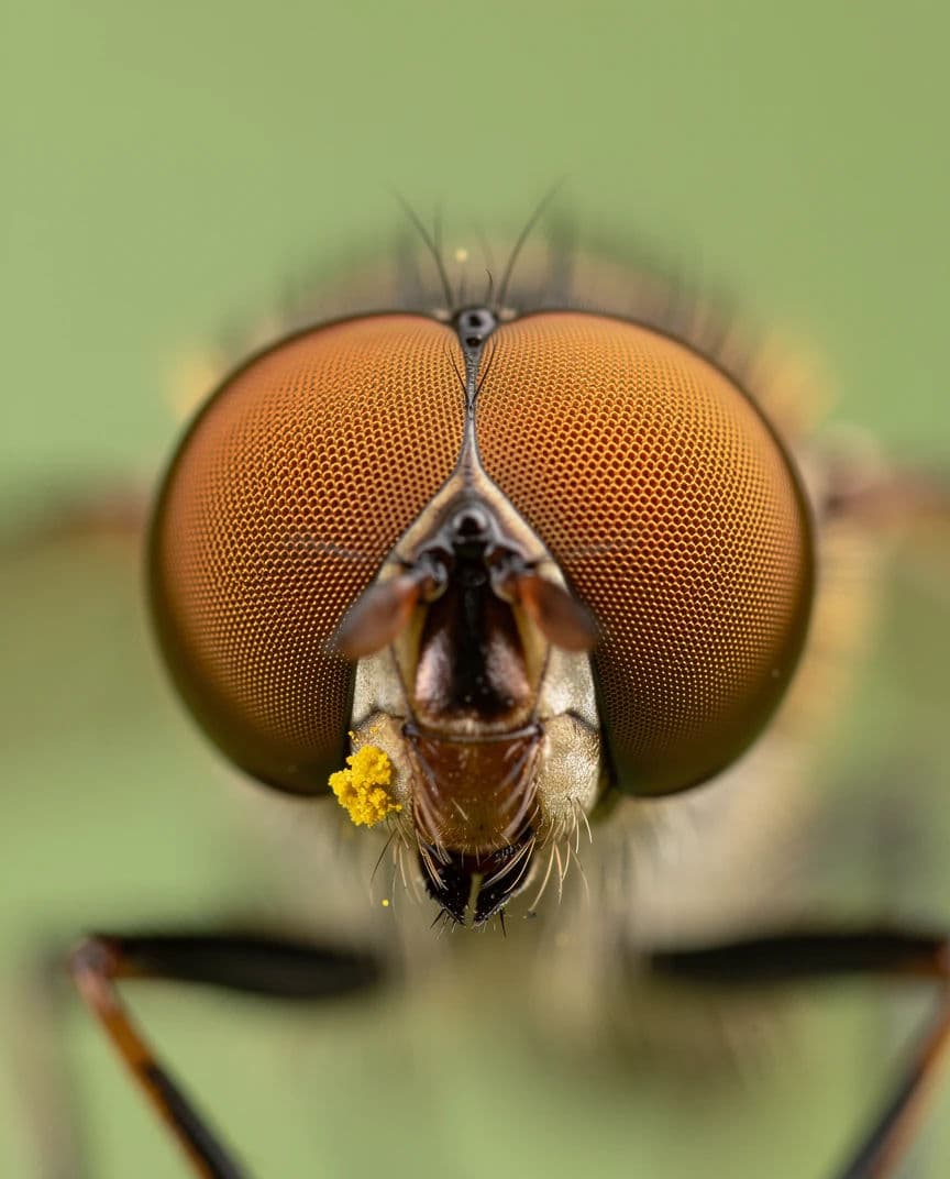 Macro photograph of a hoverfly head filling the frame with its compound eye facets resolved, generated with Flux 2 Pro