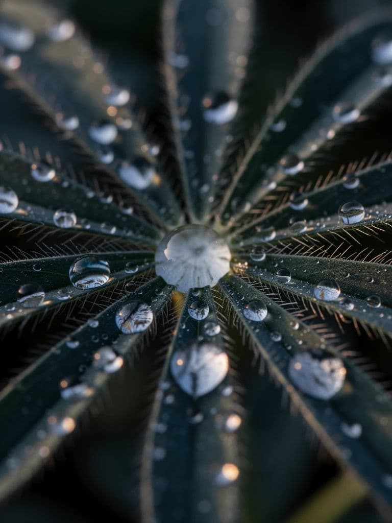 Macro photograph of dew drops sitting on the radiating pleats of a lupin leaf, generated with Flux 2 Pro