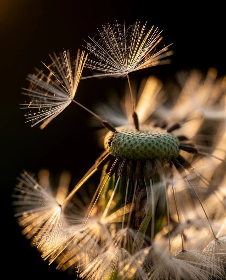 Macro photograph of a dandelion seed head with several seeds already detaching, generated with Flux 2 Pro