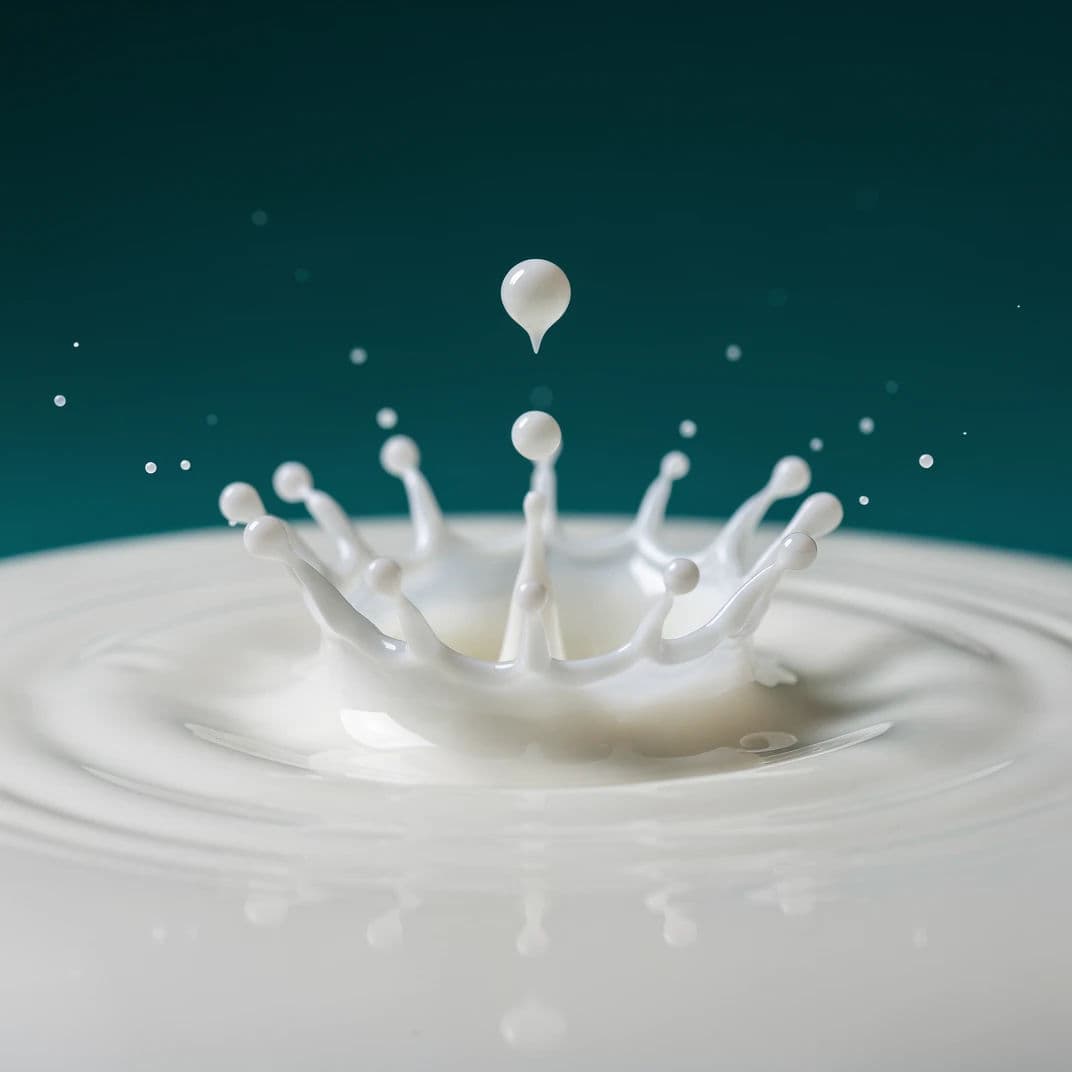 Square macro photograph of a milk droplet rebound forming a crown of separate points, generated with Flux 2 Pro