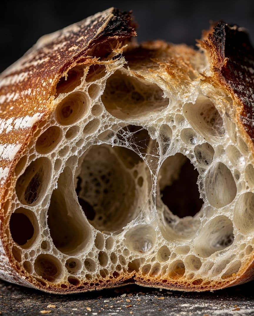 Macro photograph of the torn face of a sourdough loaf showing open irregular crumb, generated with Flux 2 Pro