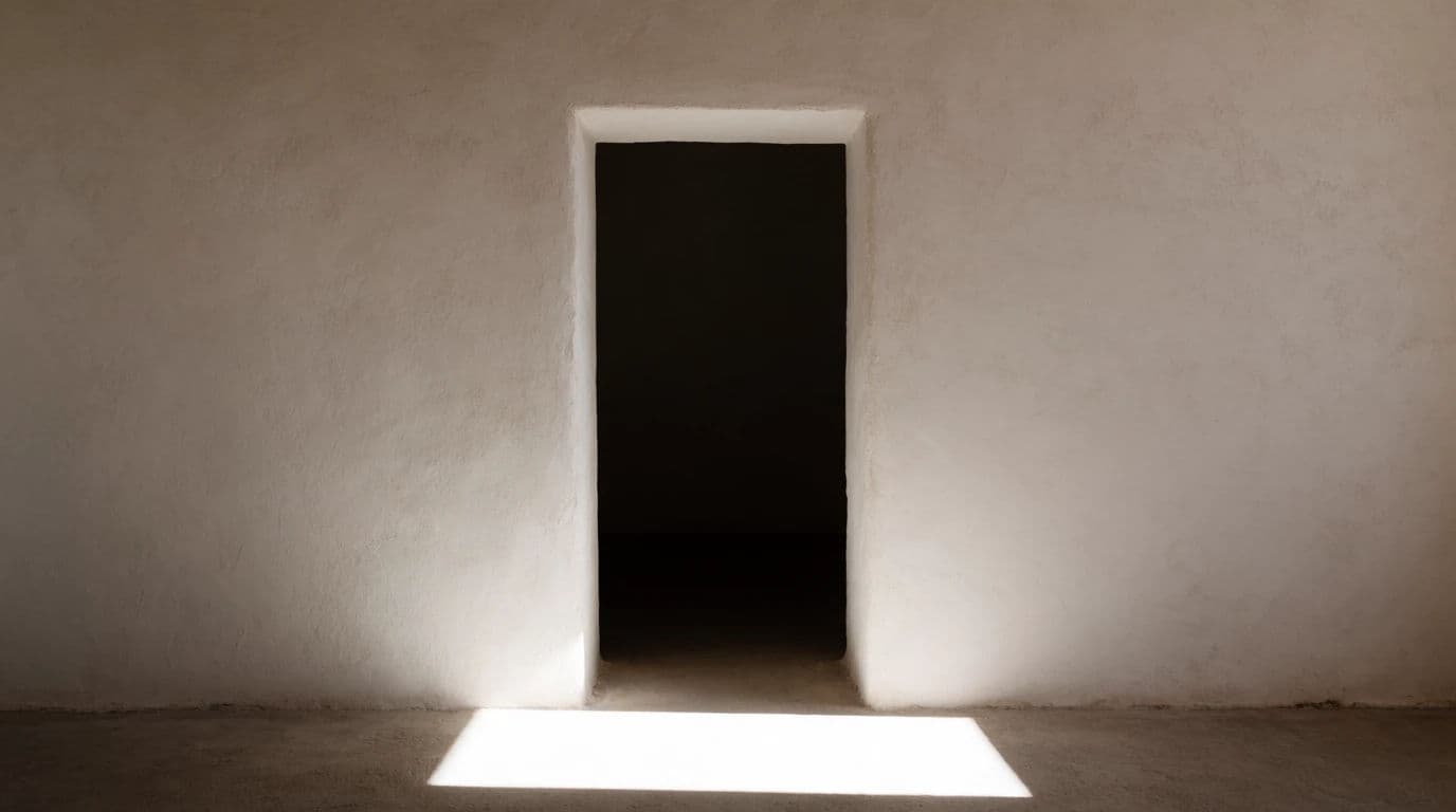 Wide photograph of a plain doorway opening in a bare plaster wall with light falling through, generated with Krea 2 Medium
